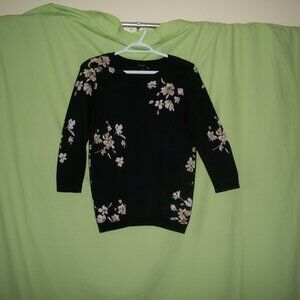 Ann Taylor Black Cotton Sweater with Flowers